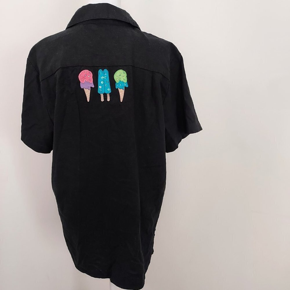 Vinta Quacker Factory Linen Blend Short Sleeve Black Ice Cream Embroidered Shirt - Picture 3 of 7